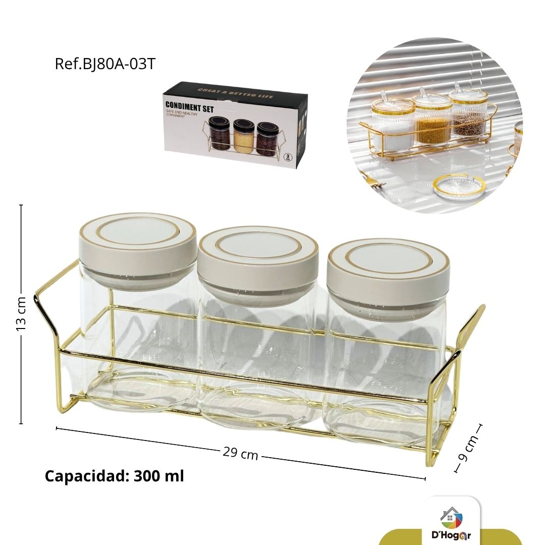CONDIMENTERO VIDRIO ,  SET X3 CON BASE 300 ML REF  BJ80A-03T