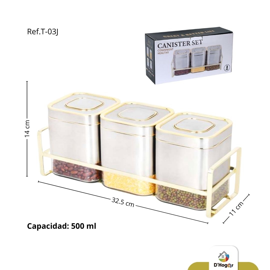 CONDIMENTERO SET X 3, VIDRIO ACERO INOXIDABLE 201 BASE HIERRO 500ML REF T-03J