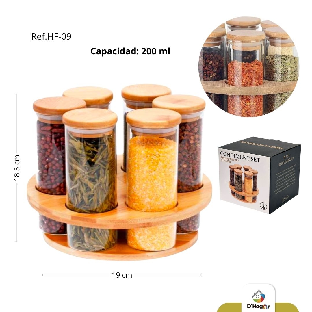 CONDIMENTERO X 6 BOROSILICATO  CON BAMBU 200ML REF HF-09