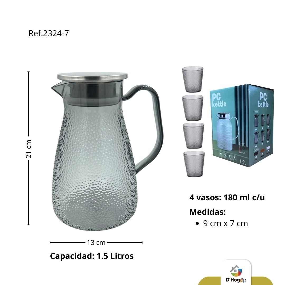 JARRA ACRILICA   1,5L CON  4 VASOS 180ML  POLICARBONATO REF 2324-7