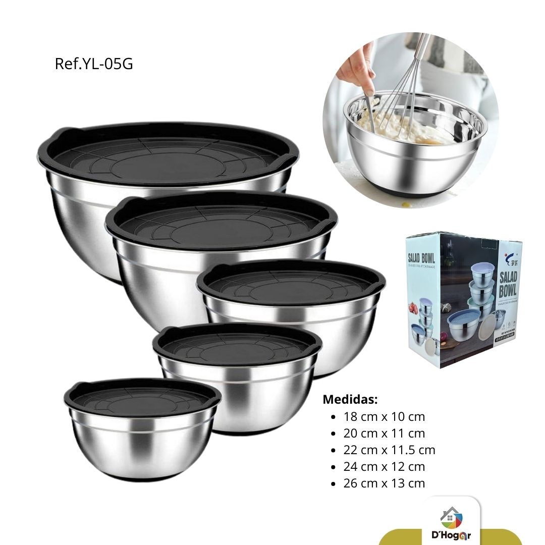 BOWL SET X 5 CON BASE SILICONA , TAPA PLASTICA 18,20,22,24,26 CMS ACERO 201 REF YL-05G