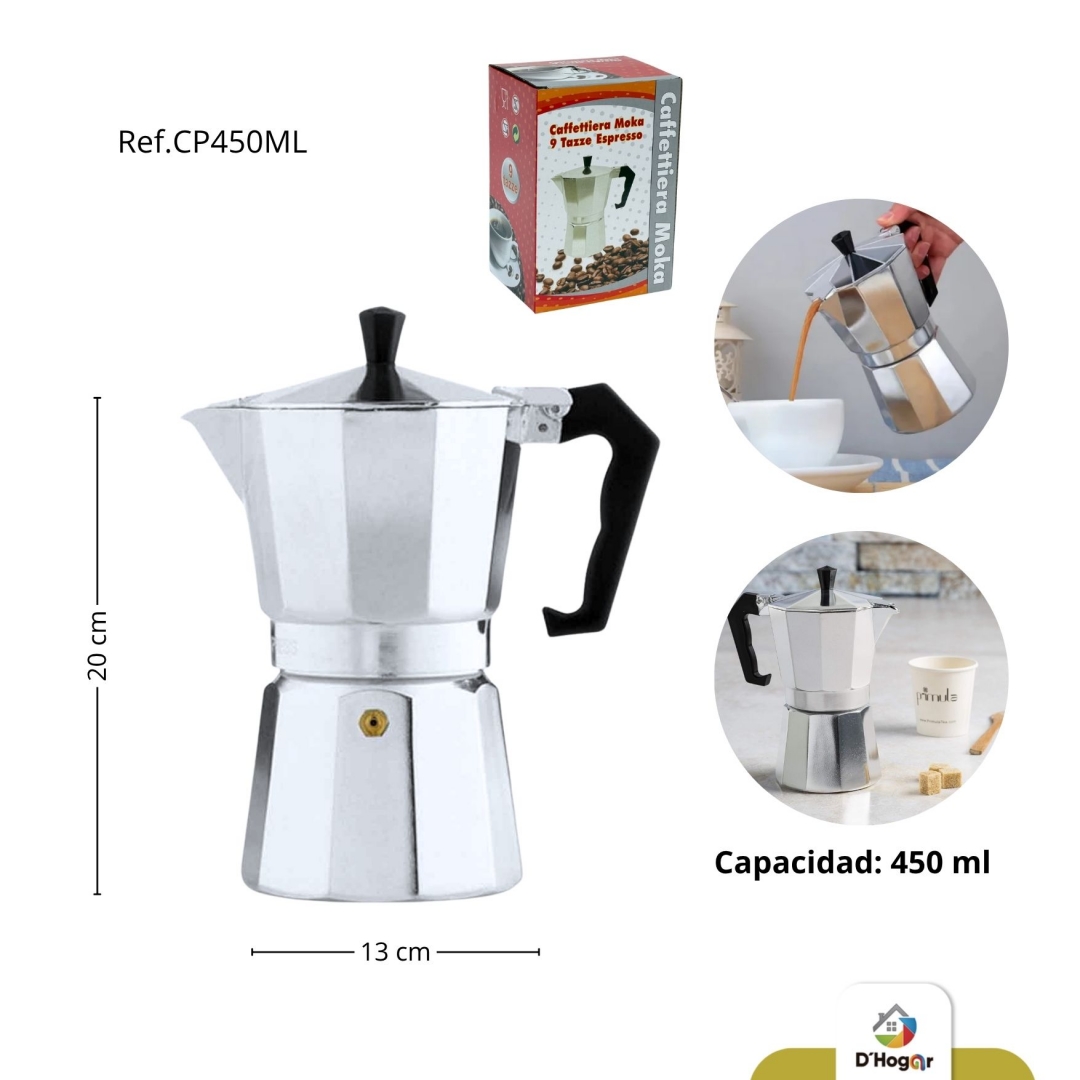 CAFETERA MOKA ITALIANA 9 TAZAS , PLATEADA DE  ALUMINIO REF JCP450Ml