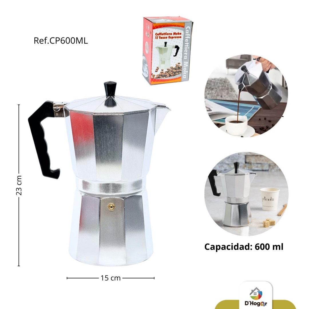 CAFETERA MOKA ITALIANA 12 TAZAS, PLATEADA DE ALUMINO REF JCP600ML
