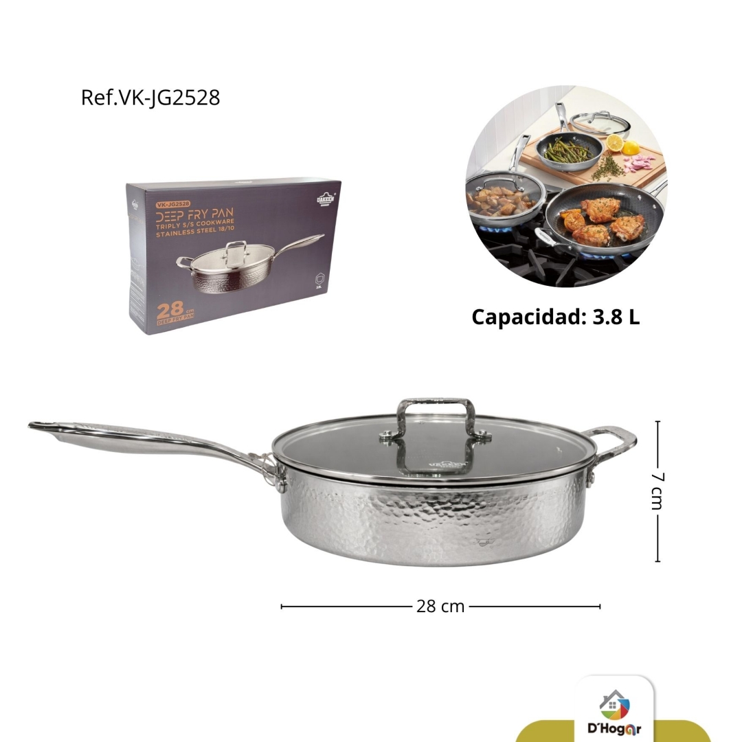 SARTEN 28 CMS C/T VIDRIO 3,8 LTS ACERO INOXIDABLE 304 REF VK-JG2528