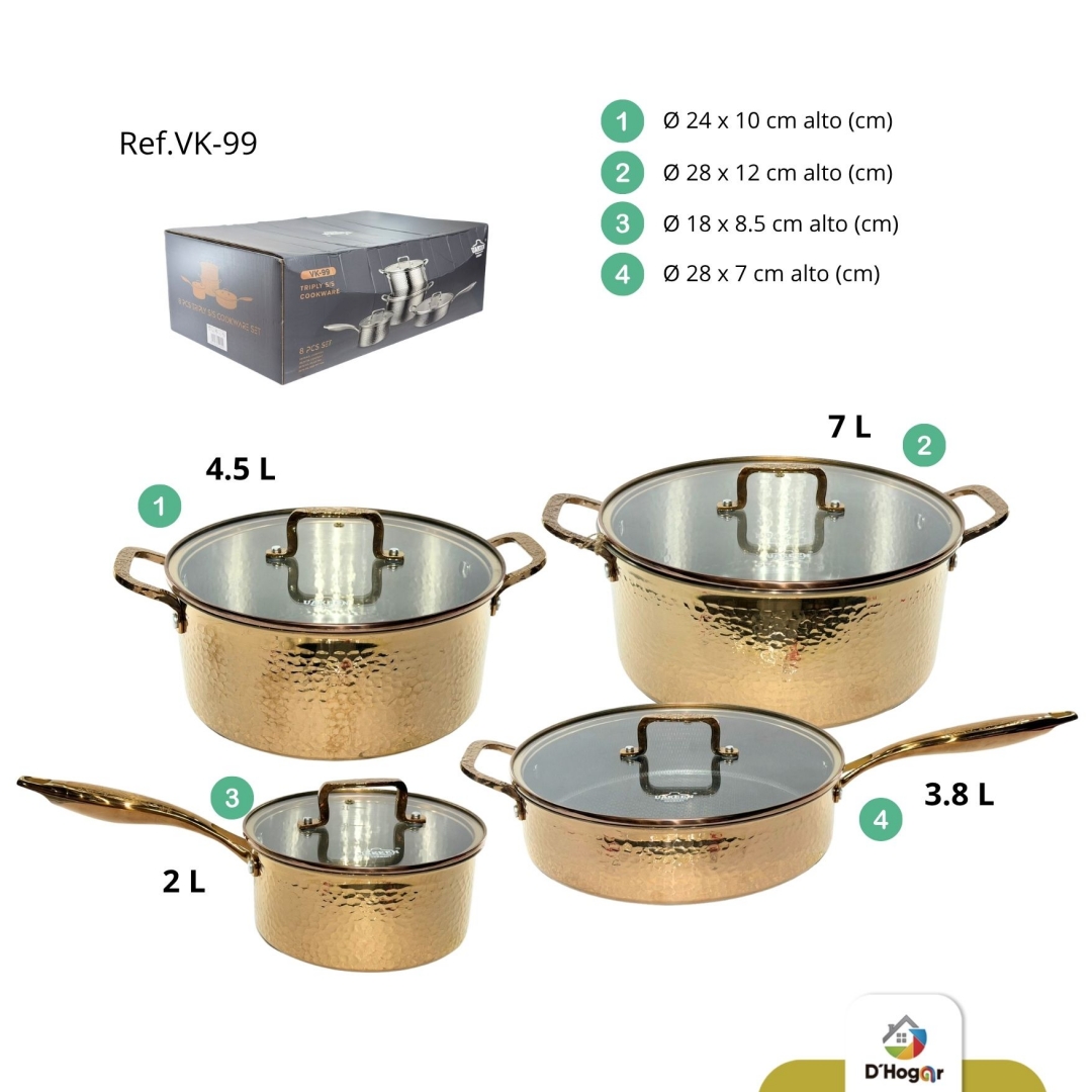 OLLA JUEGO X 4 C/TAPA  ORO ROSA, ACERO INOXIDABLE 304 REF VK-99