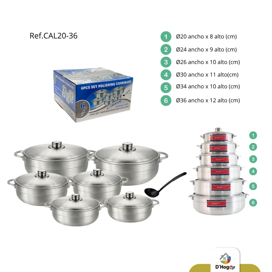 CALDERO , JUEGO X 6 C/TAPA  20,24,26,30,34,36 CMS ALUMINIO REF CAL20-36