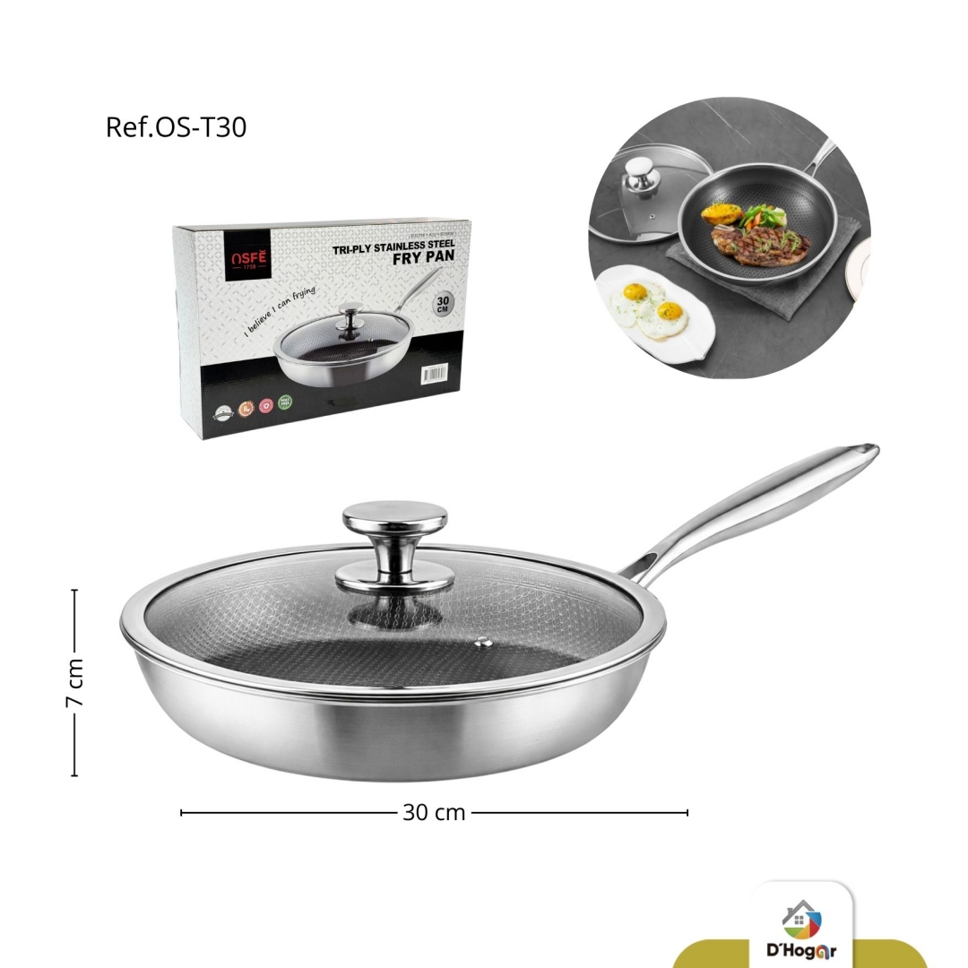 SARTEN C/TAPA VIDRIO  , 30 CMS ACERO INOXIDABLE 316 REF OS-T30