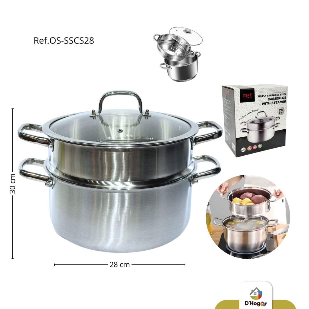 OLLA VAPORIZADOR OSFE , 28 CMS C/TAPA VIDRIO ACERO 316- 430 , ALUMINIO REF OS-SSCS28
