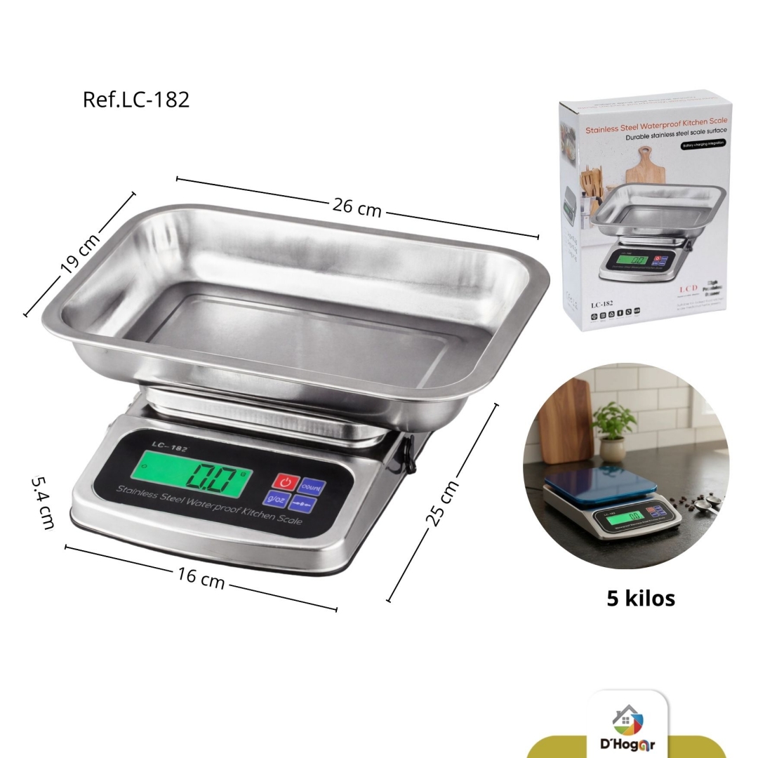 GRAMERA  5 KILOS  CON BANDEJA ACERO 201 RECARGABLE USB  REF LC-182 