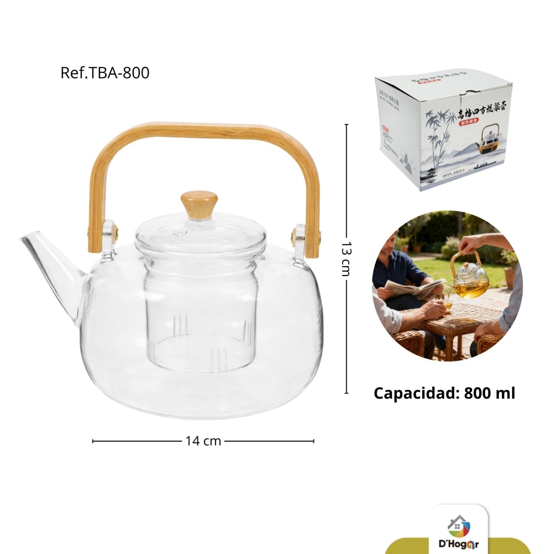 TETERA INFUSORA BOROSILICATO, C/TAPA Y MANIGUETA BAMBU, 800 ML REF TBA-800 