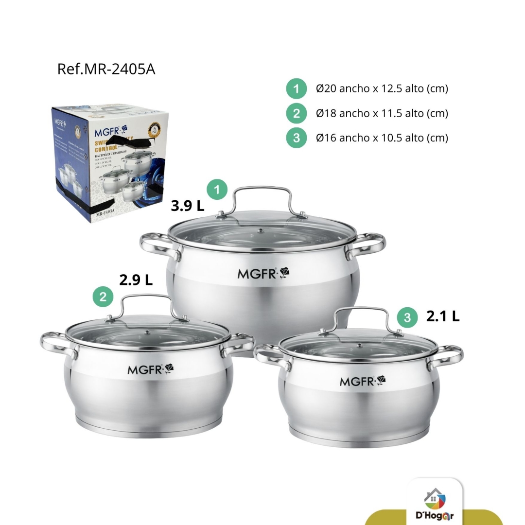 OLLAS SET X  3  PCS  CON TAPA 16,18,20 CMS, ACERO 201 REF 1.6LX2 REF  MR-2405A