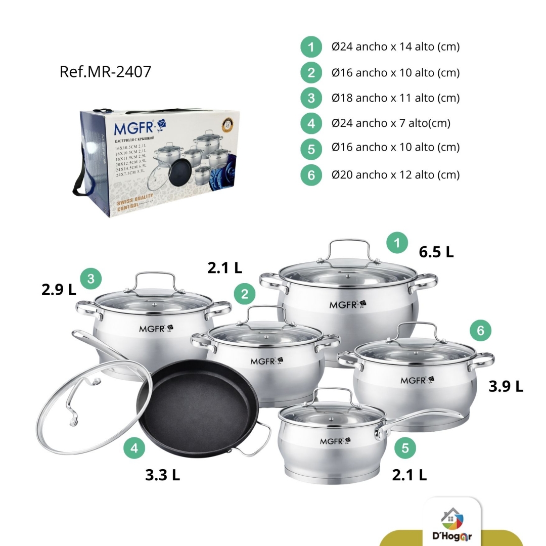 OLLAS SET POR 6 OLLLAS,  2,1 L 2,9L   3,3L  3,9L 6,5L ACERO 201 REF MR-2407
