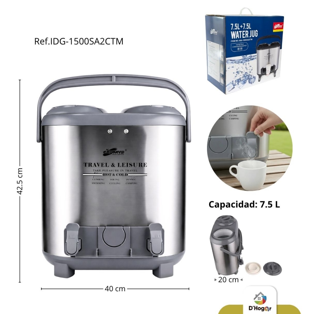 TERMO DOBLE ACERO INOXIDABLE  7.5  + 7.5 L CONSERVA CALOR 8 HORAS REF  IDG-1500SA2CTM