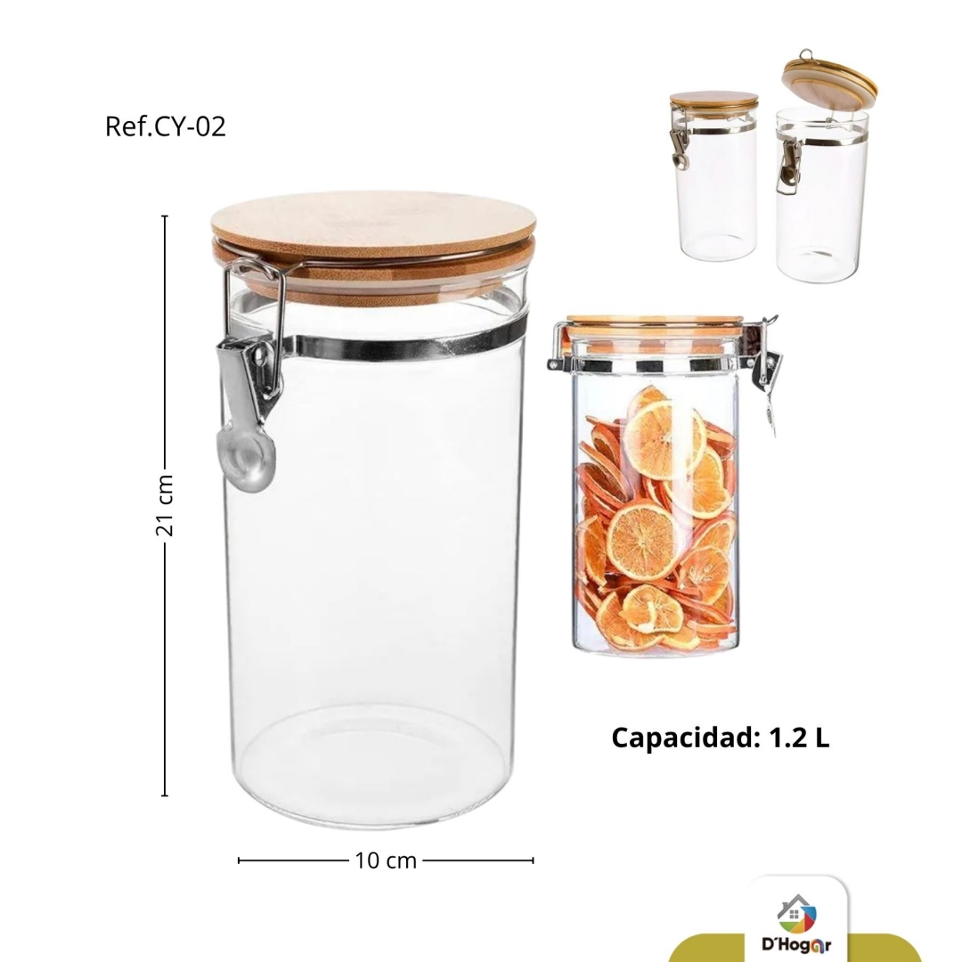 RECIPIENTE HERMETICO , BOROSILICATO , 10X20 , C/T BAMBU,  1,200ML REF CY-02