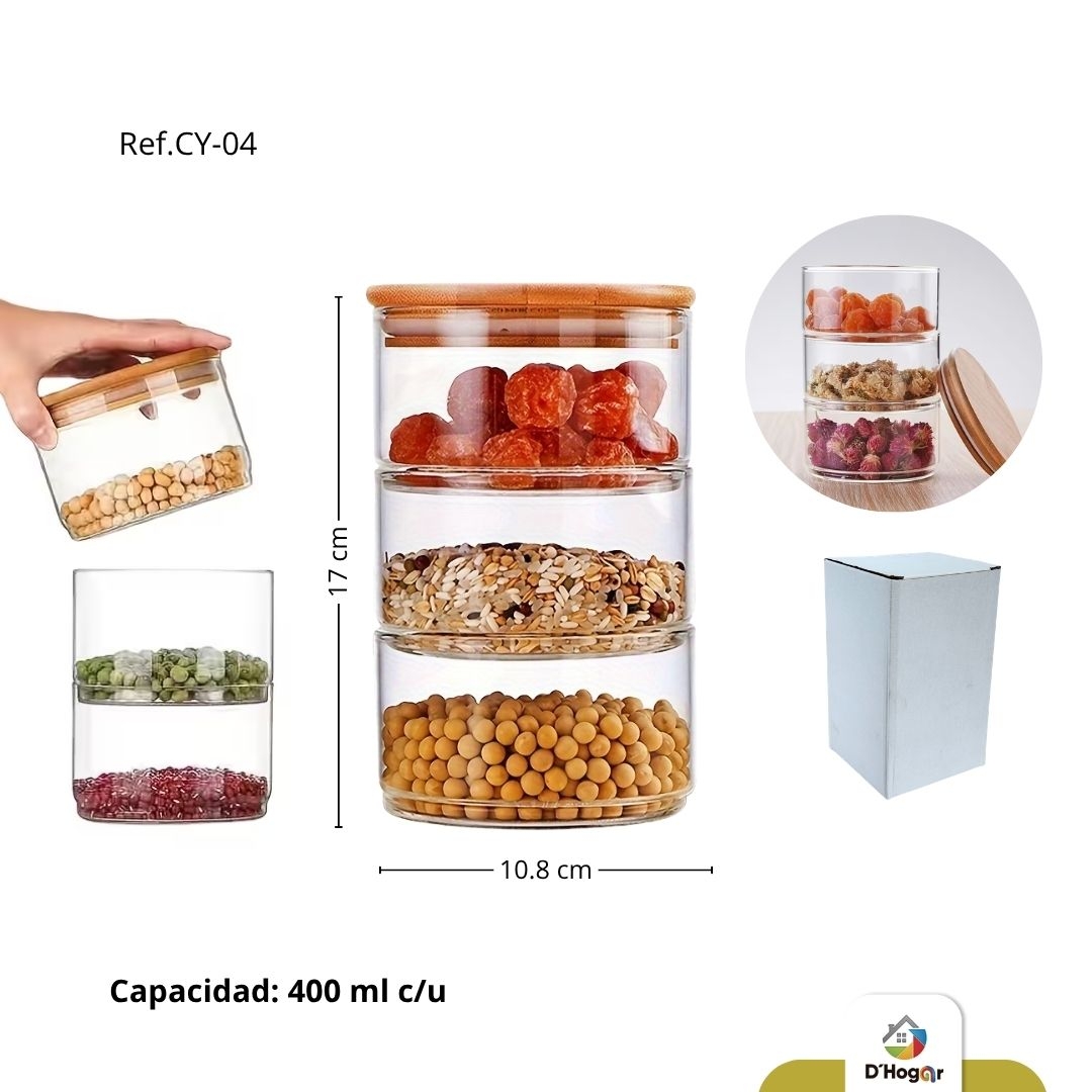 RECIPIENTE  X3 BOROSILICATO  CON TAPA BAMBU, 400ML C/U REF CY-04