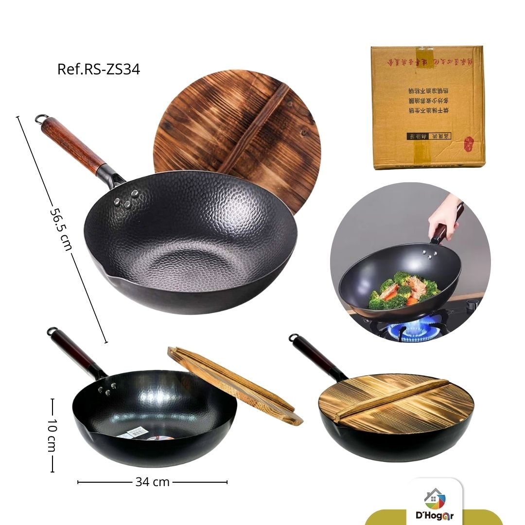 SARTEN WOK 34 CM COBRE C/TAPA DE MADERA REF RS-ZS34