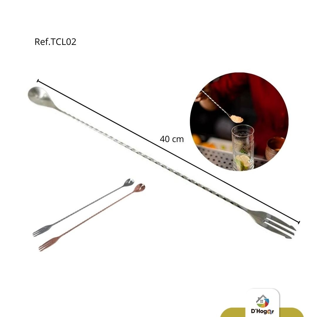 TENEDOR C/CUCHARA COCTELERA 40CM PLATEADO  REF TCL02