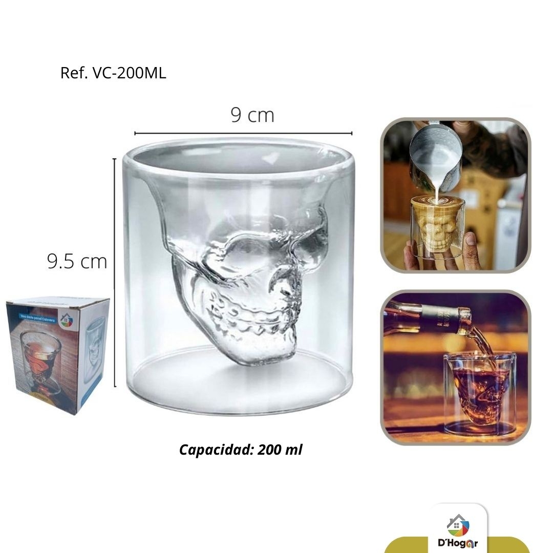 VASO DOBLE PARED CALAVERA BOROSILICATO 200ML REF VC-200ML