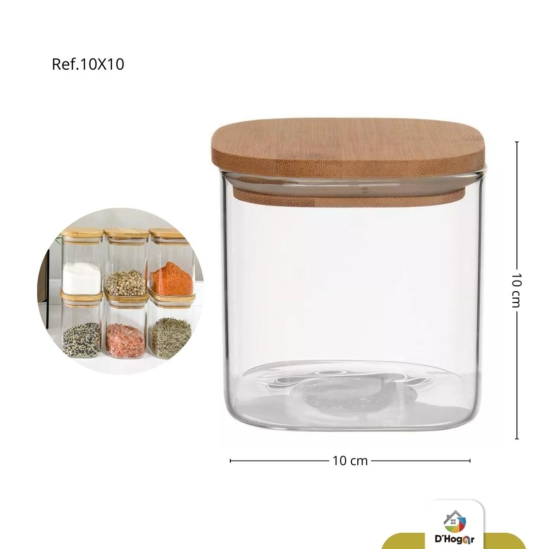 RECIPIENTE HERMETICO DE BOROSILICATO CUADRADO C/T MADERA 650ML REF 10X10