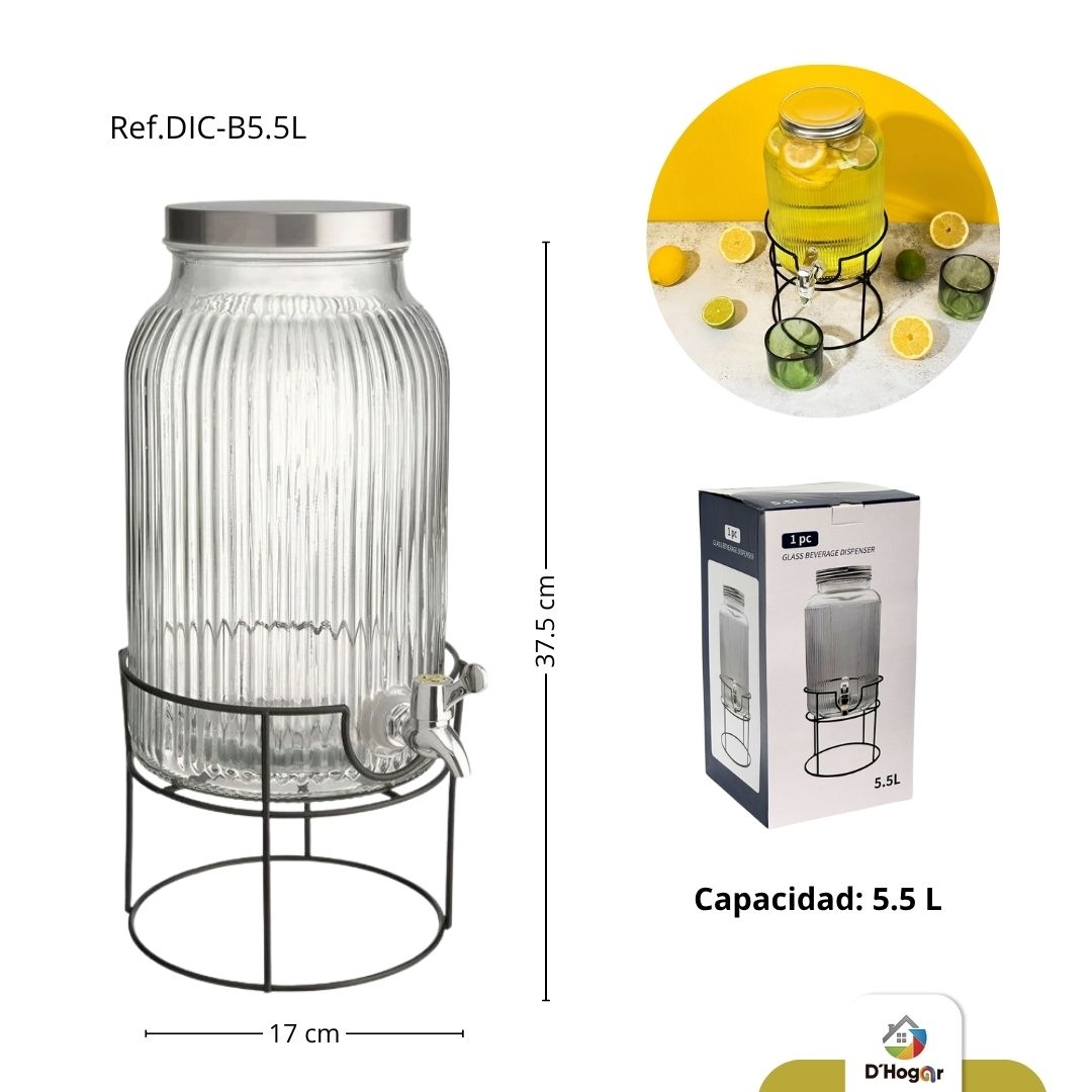 DISPENSADOR EN VIDRIO C/VALVULA  C/BASE DE HIERRO REF DIC-B5.5L
