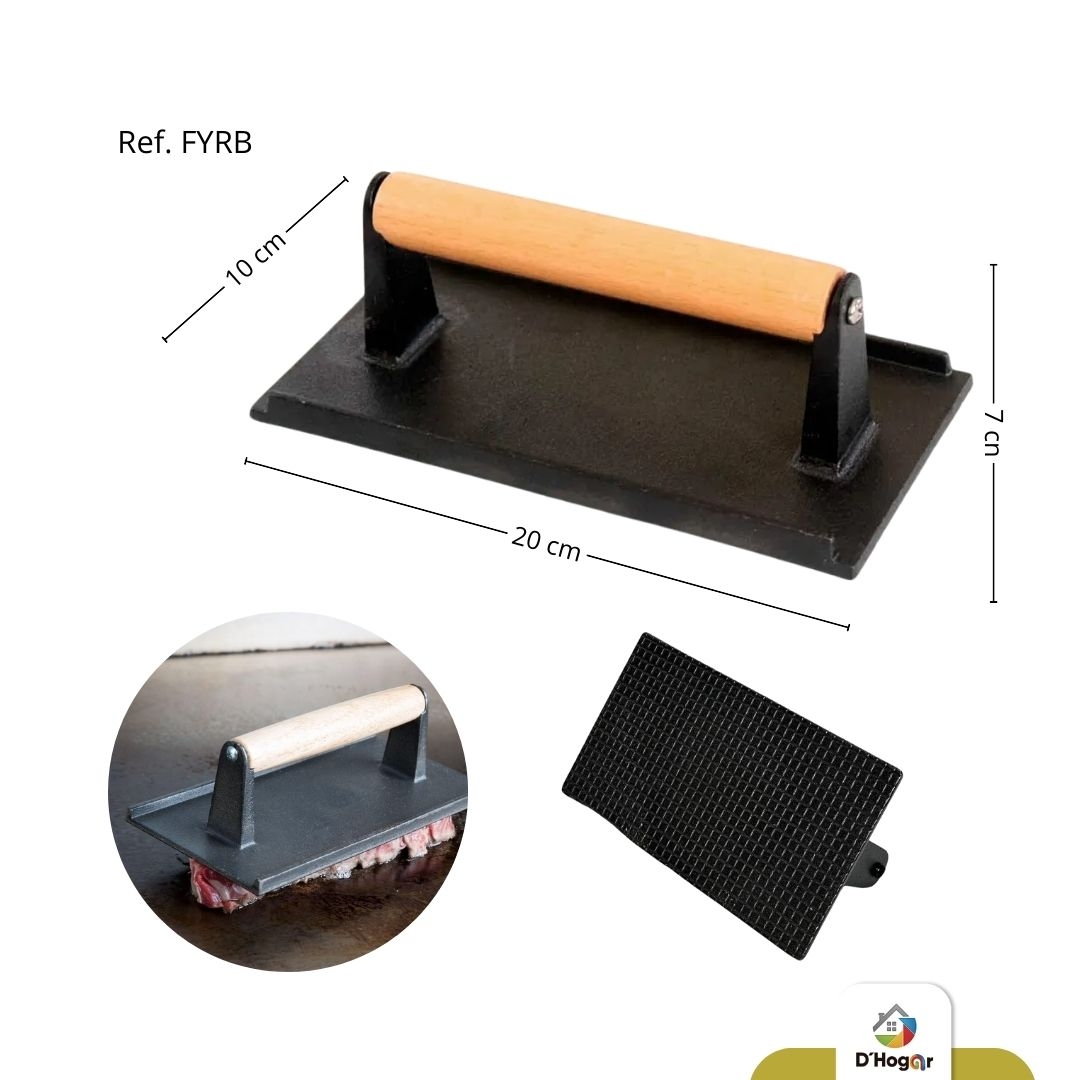 PLANCHA, PRENSA PARA CARNE EN HIERRO, RECTANGULAR CON MANIG  MADERA REF FYRB 