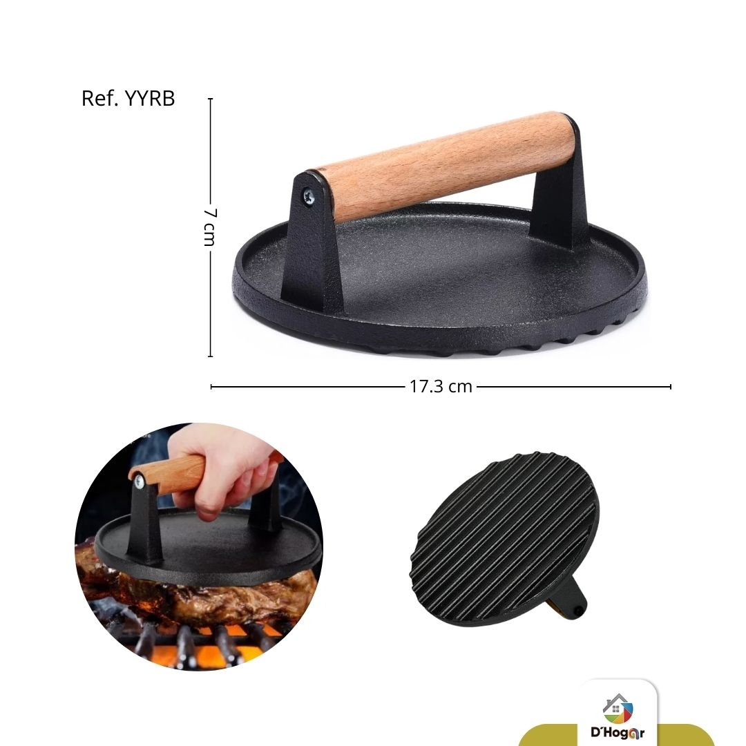 PLANCHA, PRENSA  PARA CARNE EN HIERRO,REDONDA MANIGUETA MADERA REF YYRB 