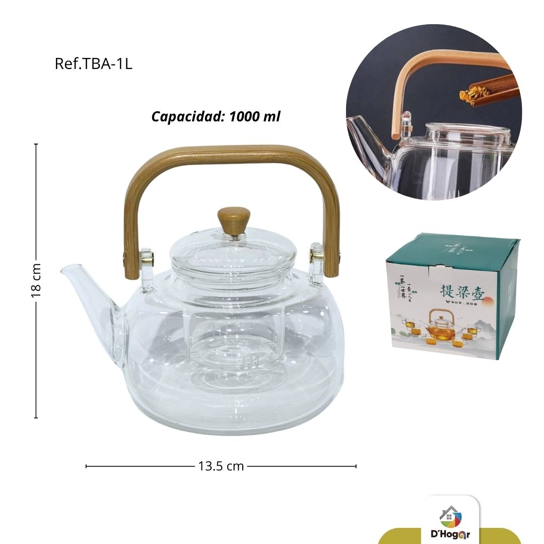 TETERA 1L INFUSORA, BOROSILICATO,  C/C BAMBU, TAPA VIDRIO REF  TBA-1L