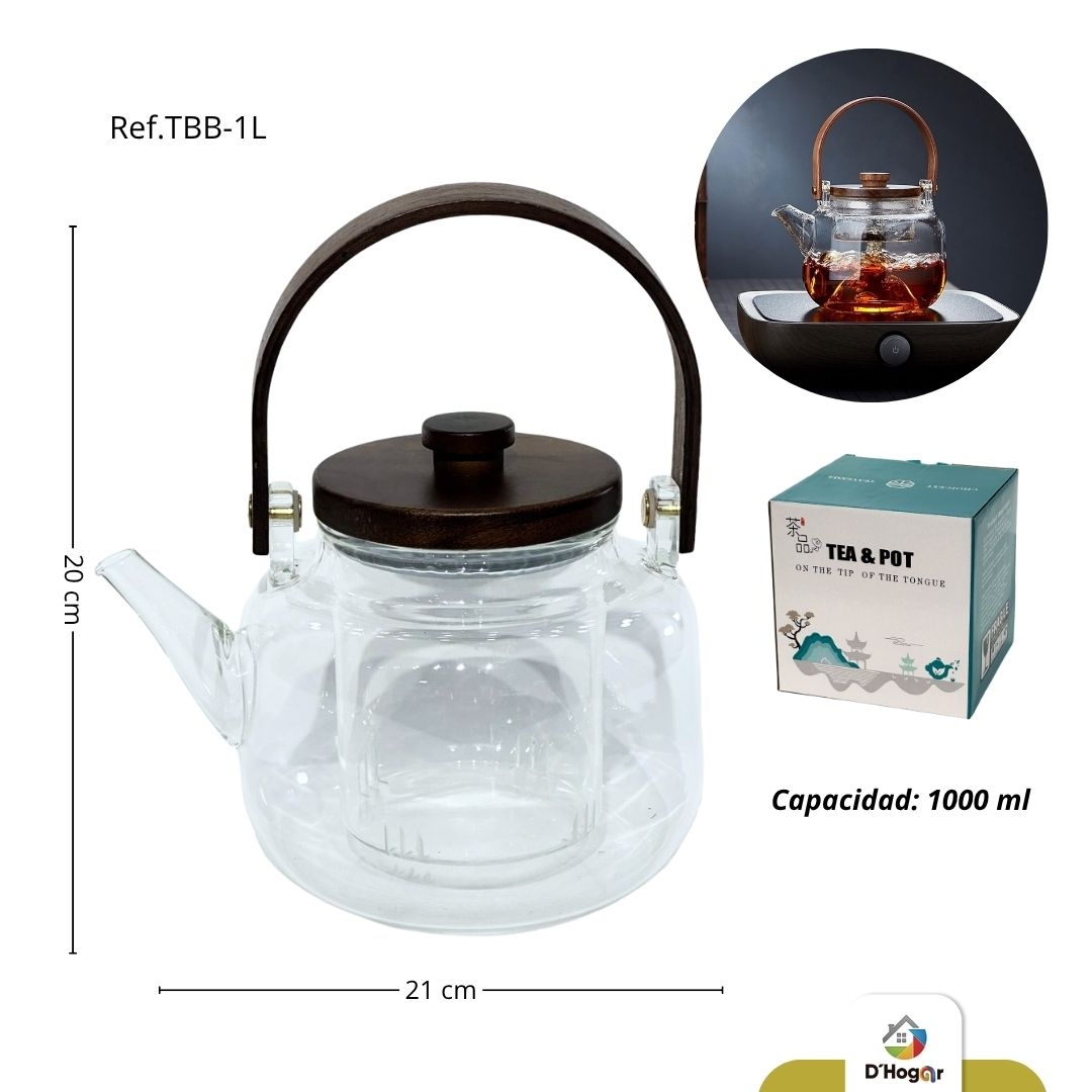 TETERA 1 LT  INFUSORA, BOROSILICATO  , C/C TAPA BAMBU, REF TBB-1L