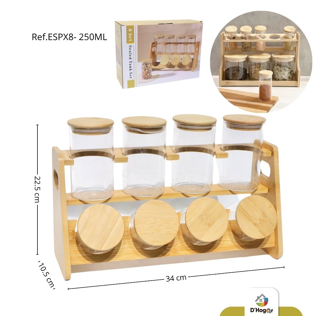 CONDIMENTEROS,SET X 8 PZAS, VIDRIO, T/B/-MADERA REF  ESPX8-250ML