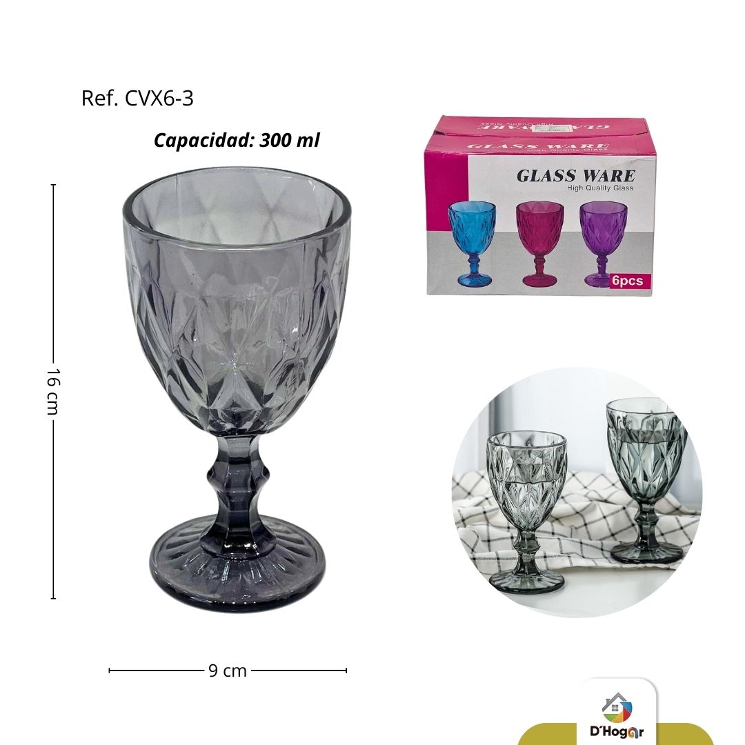 COPA DE VIDRIO TRASLUCIDO NEGRO SET X 6 CAPACIDAD 300ML REF  CVX6-3